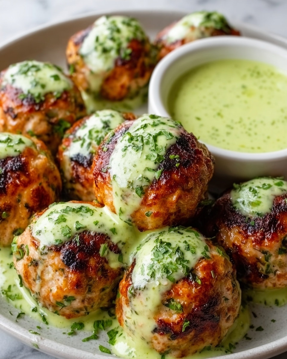 The image shows a group of round, golden-brown grilled meatballs topped with a creamy light green sauce that drips over their sides, creating a smooth contrast with the crispy texture of the meatballs. The meatballs are arranged closely on a white plate, sprinkled with finely chopped green herbs, adding a fresh touch. Next to the meatballs is a small white bowl filled with more of the light green sauce. The background is a white marbled texture that highlights the colors of the food. Photo taken with an iphone --ar 4:5 --v 7