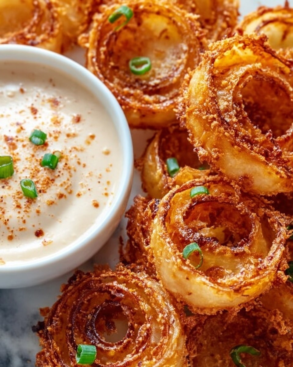 The image shows several golden-brown crispy onion rings arranged closely on a white marbled surface, each ring made of thin onion layers fried until crunchy with a slightly curled edge, sprinkled lightly with salt or seasoning. Next to the onion rings is a small white bowl filled with creamy white dipping sauce topped with a sprinkle of reddish spice and a small green garnish on the surface. The scene captures the texture of the crispy onion rings and the smooth sauce in clear detail, photo taken with an iphone --ar 4:5 --v 7