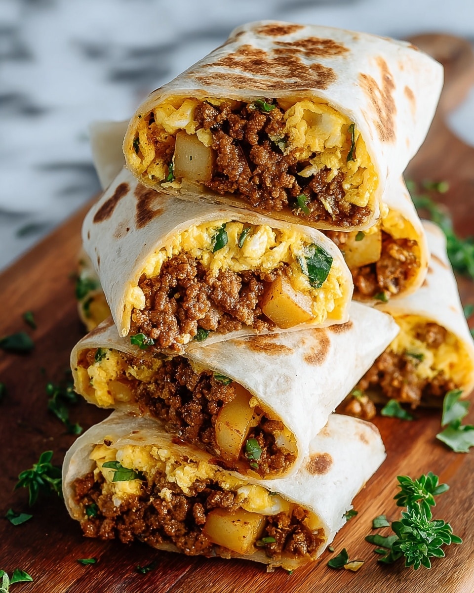 A close-up of a stack of four breakfast burritos cut in half, each wrapped in a lightly toasted white tortilla with some brown spots. Inside, the filling has two main layers: a lower layer of cooked ground meat mixed with soft, golden-brown potato cubes and bits of green herbs, and an upper layer of fluffy, yellow scrambled eggs with green herbs mixed in. The burritos are arranged on a wooden board with some green herb leaves scattered around, and the background shows a white marbled surface. Photo taken with an iphone --ar 4:5 --v 7