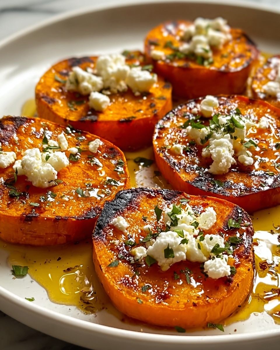 The image shows five round slices of roasted orange sweet potato arranged side by side on a white plate. Each slice has a slightly charred, crispy edge with darker brown grill marks. On top of every slice is a small pile of crumbled white cheese, drizzled with golden honey and sprinkled with finely chopped green herbs. The plate rests on a white marbled surface with some honey pooling around the sweet potato slices. The overall colors are warm orange, white, green, and honey gold with a textured, fresh look. Photo taken with an iphone --ar 4:5 --v 7