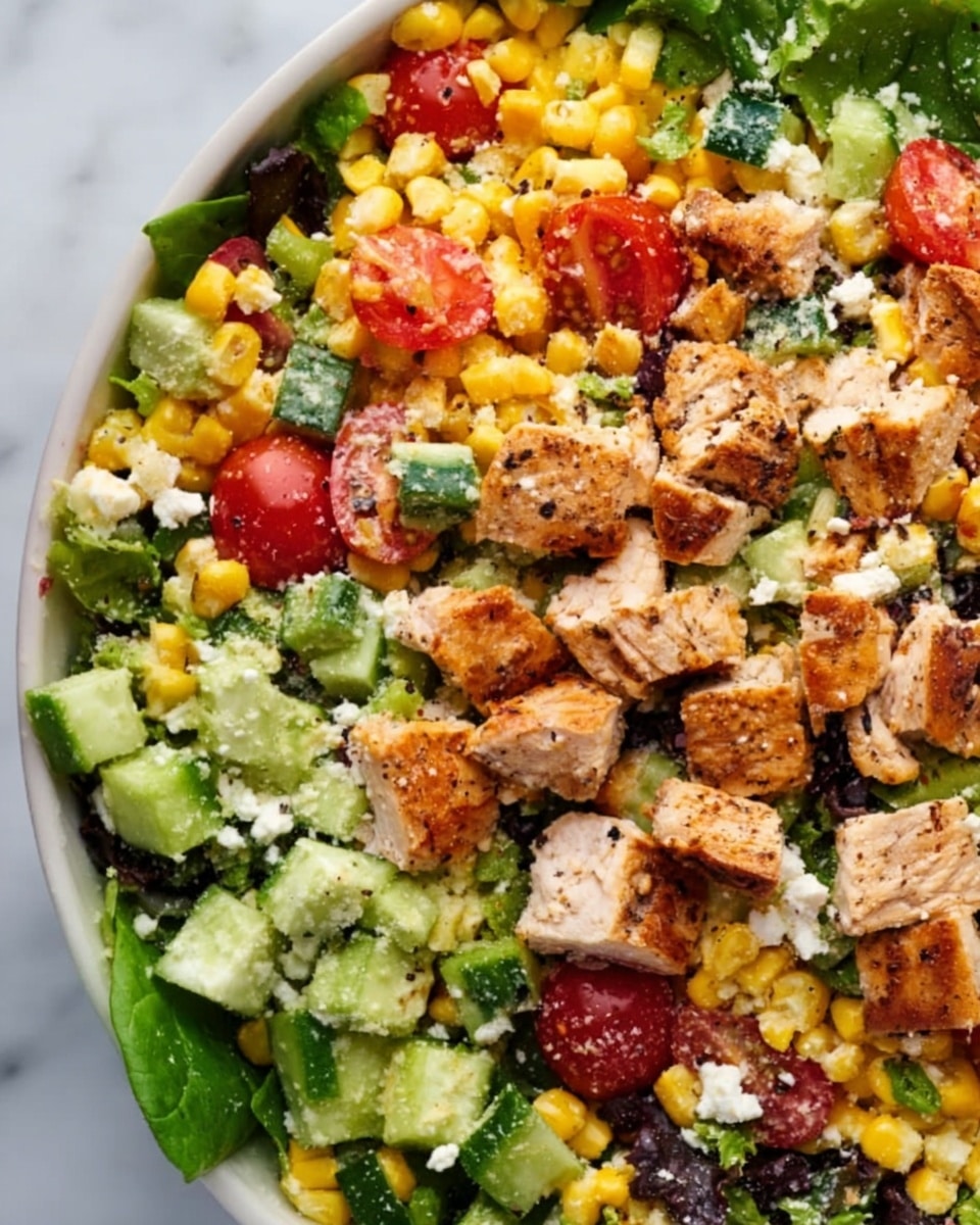 A close-up view of a fresh salad showing many colorful layers; the bottom layer has light green chopped cucumbers, mixed with bright yellow corn kernels scattered throughout; above this, there are chunks of grilled chicken with a golden brown texture, placed evenly among halved red cherry tomatoes; bits of creamy white feta cheese crumble across the salad adding a soft texture contrast; small dark green leaves of spinach peek through all the ingredients, giving extra color and freshness; the salad is placed in a white bowl sitting on a white marbled surface; photo taken with an iphone --ar 4:5 --v 7