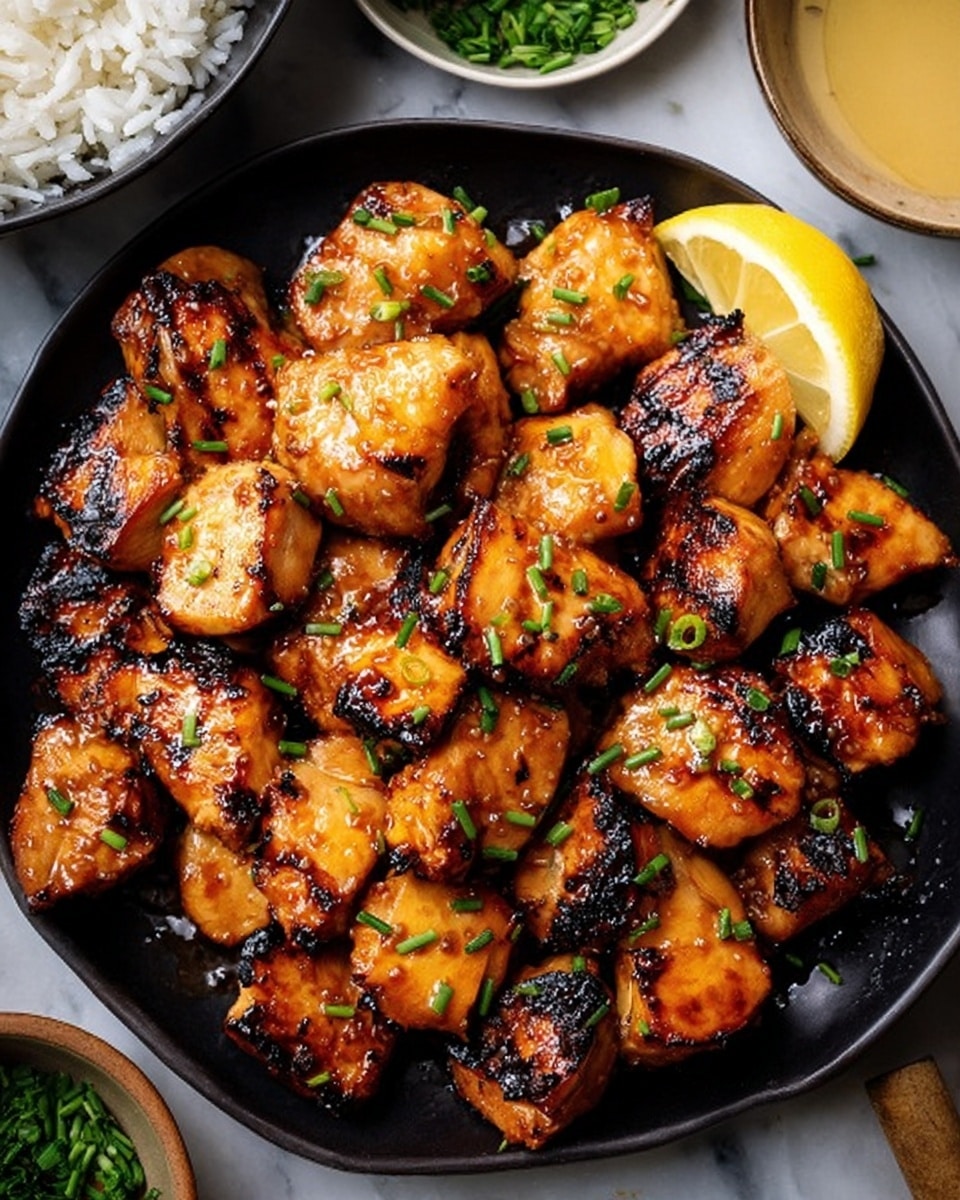 The image shows a close-up of a black plate full of shiny, glazed grilled chicken pieces arranged in a single layer, each piece golden brown with char marks and sprinkled with small green chive bits. In the top right corner of the plate, there is a wedge of yellow lemon. The surface underneath the plate has a white marbled texture, and parts of a white plate with white rice, a small bowl with green herbs, and a wedge of lemon are visible at the edges. photo taken with an iphone --ar 4:5 --v 7