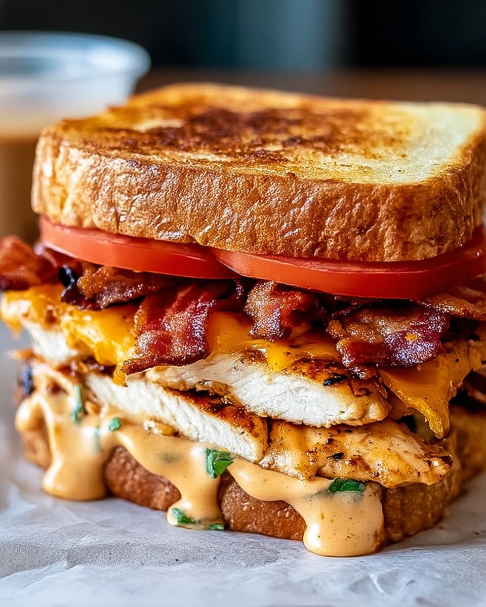 A close-up sandwich showing three thick slices of toasted white bread with a golden brown, crispy top layer. Inside, the bottom layer has crispy bacon strips on a white marbled surface, covered with a creamy orange sauce dripping slightly. Above that, two thick pieces of grilled chicken with visible char marks and melted cheddar cheese on top create a juicy middle layer. On top of the chicken, there are more crispy bacon strips and a thick, fresh red tomato slice just under the top piece of toasted bread. The sandwich is held slightly, but no woman's hand is visible. Photo taken with an iphone --ar 4:5 --v 7