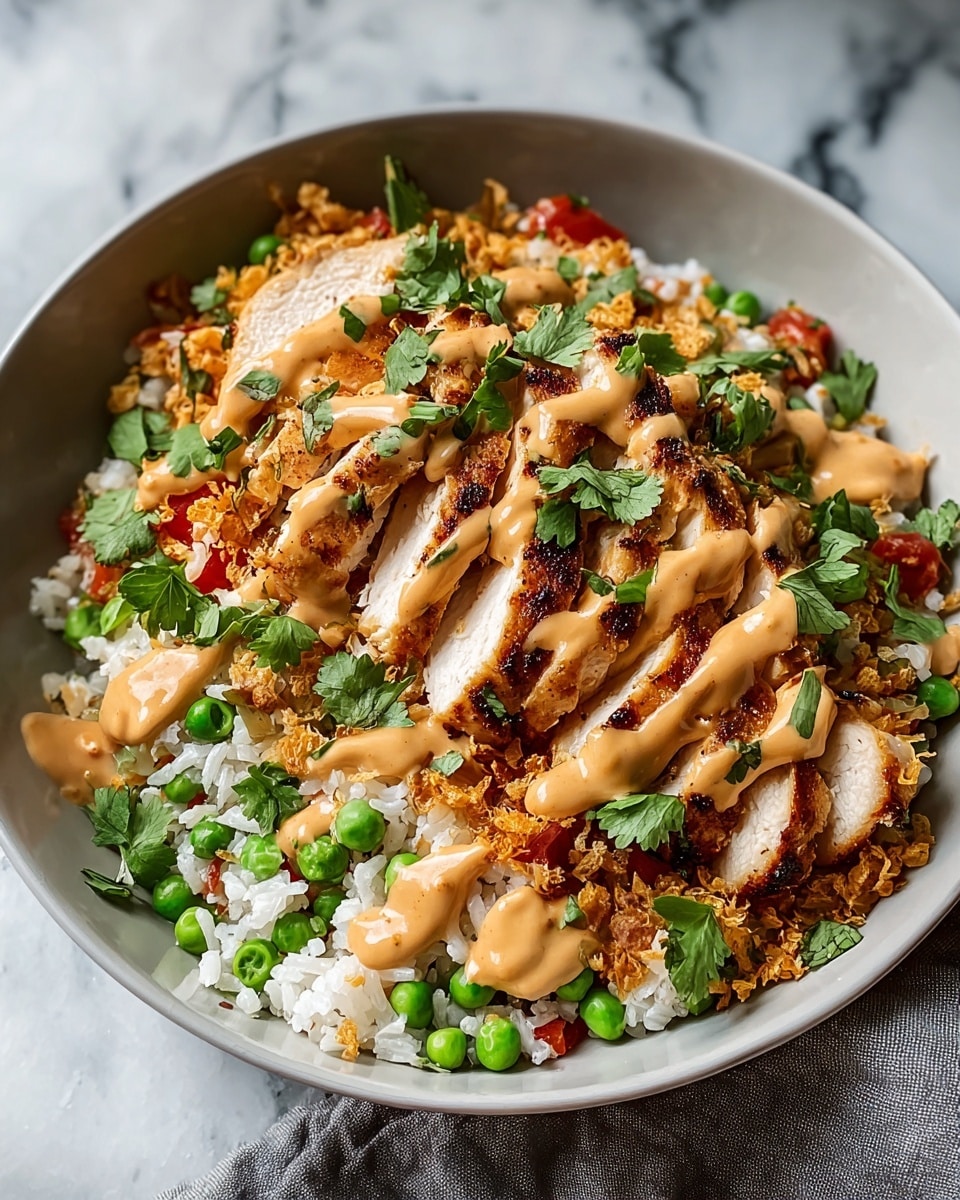 A white bowl holds a layered dish starting with a base of white rice mixed with green peas and small pieces of red tomato. On top of the rice is a layer of crispy golden-brown fried bits, followed by slices of grilled chicken breast with a light brown char on the outside and white meat inside. Fresh green cilantro leaves are scattered over the chicken, and the dish is drizzled generously with a creamy, light brown sauce. The bowl sits on a white marbled surface with a gray cloth partly visible beneath it. Photo taken with an iphone --ar 4:5 --v 7