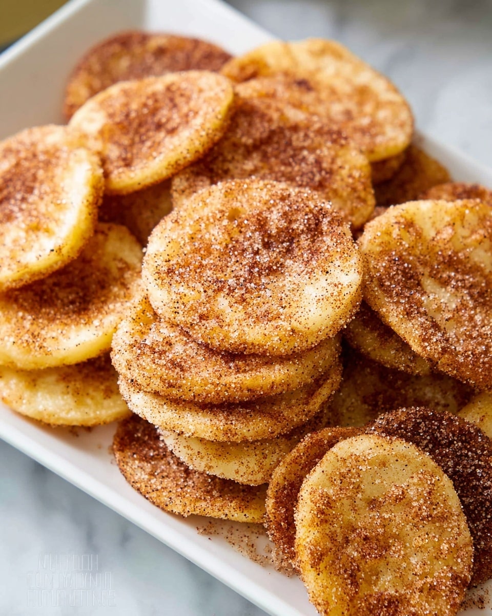 The image shows a close-up of a white rectangular plate filled with small stacks of crispy, golden-brown round slices. Each stack has about 3-4 slices, which are evenly browned on the edges, giving a crunchy texture. The slices are coated with a grainy mix of cinnamon and sugar, creating a speckled brown and white surface that sparkles slightly in the light. The plate sits on a white marbled surface, which adds a clean, bright backdrop to the warm tones of the dish. photo taken with an iphone --ar 4:5 --v 7