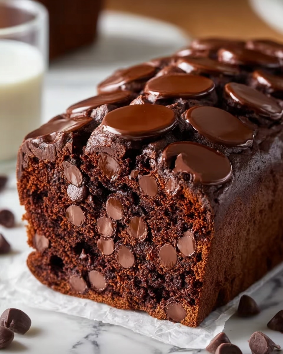 The image shows a close-up of a thick loaf cake mostly made of dark chocolate. The cake has three main parts: the top layer is glossy with large chocolate disks pressed into it, the middle layer is a bit lighter brown with many whole and melted chocolate chips inside, and the bottom layer is dense and smooth chocolate cake. The cake sits on white parchment paper on a white marbled surface with scattered chocolate chips around it, and a blurred glass of milk is in the background. The photo taken with an iphone --ar 4:5 --v 7