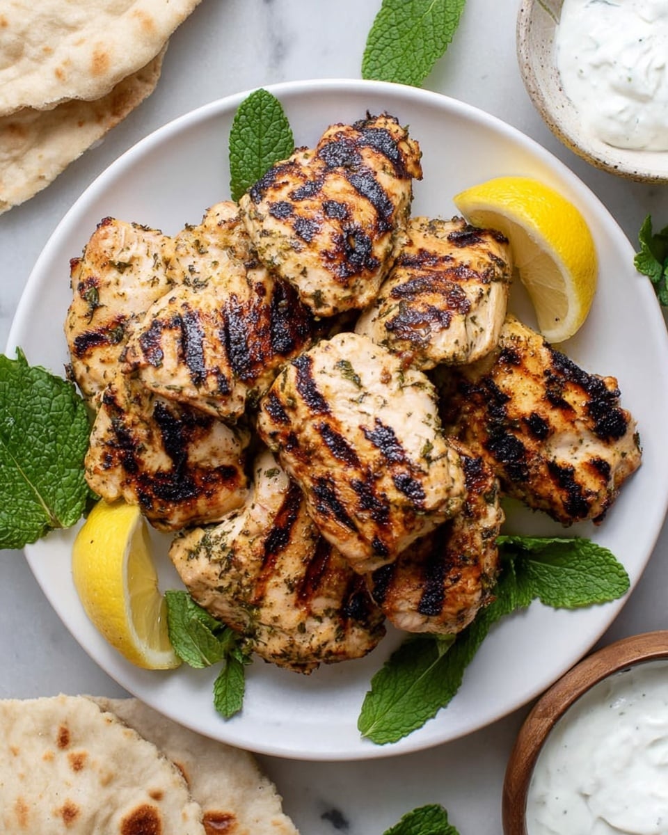 A white round plate filled with six pieces of grilled chicken with dark brown grill marks and a golden-brown cooked surface stacked on top of each other in the center, with two slices of lemon placed on the side near the chicken. Around the plate, there are green fresh mint leaves, some flatbread pieces on the white marbled surface, and a small white bowl with a white creamy sauce visible in the bottom right corner. Photo taken with an iphone --ar 4:5 --v 7