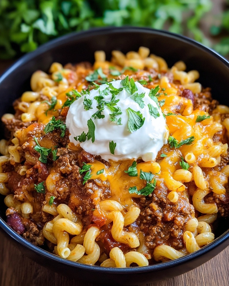 A close-up view of a black bowl filled with three visible layers: the bottom layer is curly cooked pasta in pale yellow, the middle layer is ground beef mixed with a chunky tomato sauce with small pieces of onions and beans, and the top layer is melted orange cheese blending into the pasta and beef. On the very top, there is a round dollop of white sour cream surrounded by scattered chopped bright green cilantro leaves. The bowl is placed on a wooden surface with some green herbs in the background, all presented with good natural light. Photo taken with an iphone --ar 4:5 --v 7