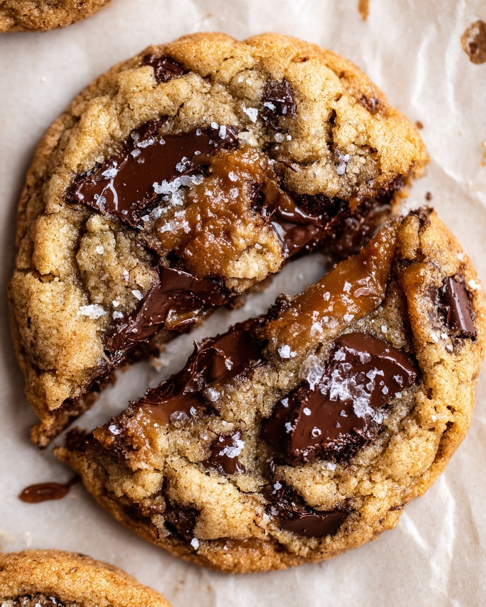 A close-up of a single broken cookie on parchment paper with a white marbled texture beneath it, showing two thick halves with a rough, golden brown outer texture. The cookie has gooey, melted dark chocolate chunks scattered throughout, some shiny caramel-colored pockets visible on the surface, and small sprinkles of coarse white sea salt on top. The inside looks soft and chewy with a contrast between the cookie dough and the melted chocolate pieces. Photo taken with an iphone --ar 4:5 --v 7