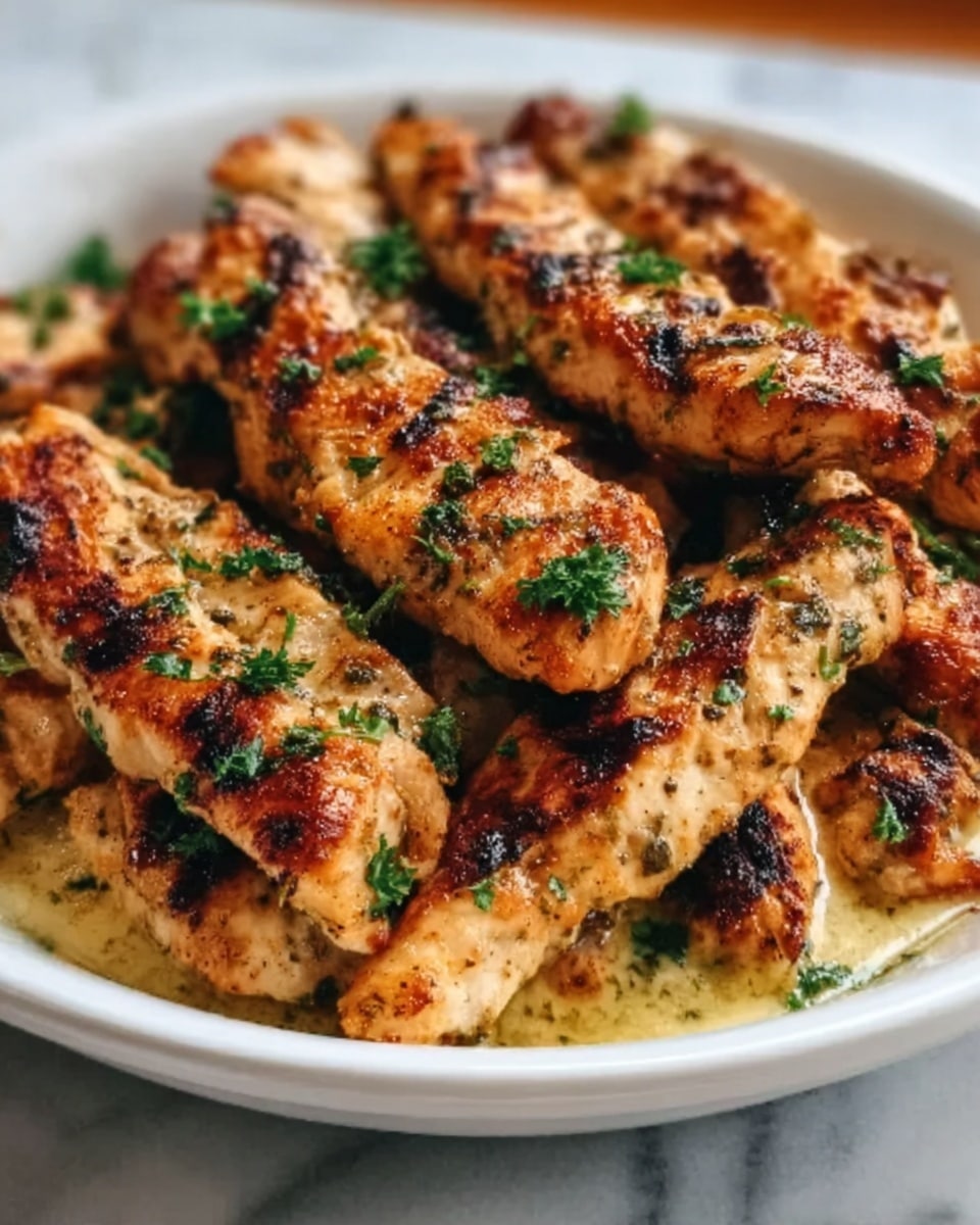 The image shows a white ceramic dish filled with several golden-brown grilled chicken strips arranged in a slightly overlapping manner. Each chicken strip has a crispy texture with charred grill marks and is coated with a light layer of creamy sauce at the bottom. The dish is garnished with small green parsley pieces scattered over the chicken, adding a fresh color contrast against the warm tones. The background is a white marbled surface. photo taken with an iphone --ar 4:5 --v 7