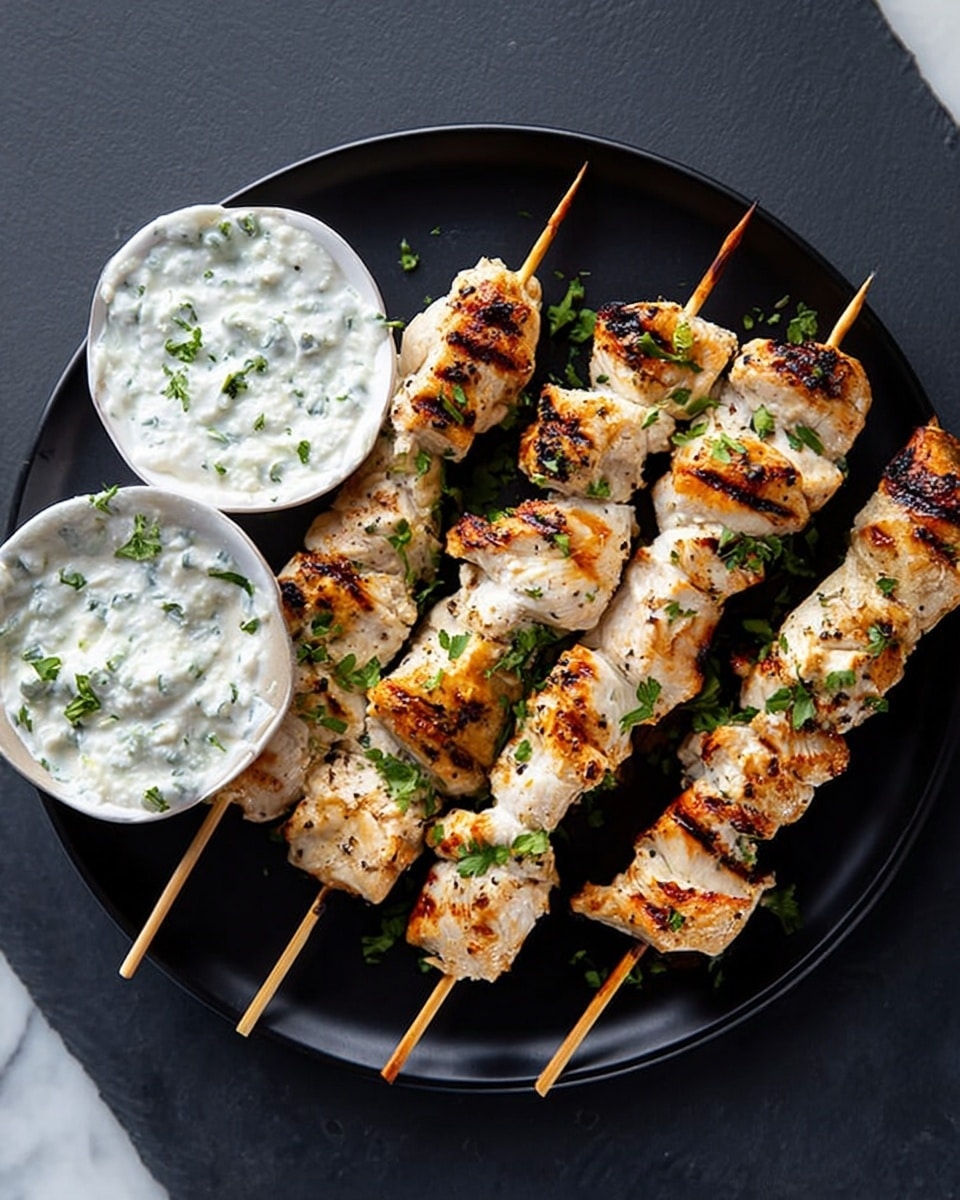 A black plate holds five chicken skewers with grilled white chicken pieces, each piece showing light browning and grill marks. Small green herbs are sprinkled on top of the chicken, adding color contrast. To the left side of the plate, there is a small white bowl filled with creamy white sauce mixed with chopped green herbs. The plate is set on a surface with white marbled texture. photo taken with an iphone --ar 4:5 --v 7