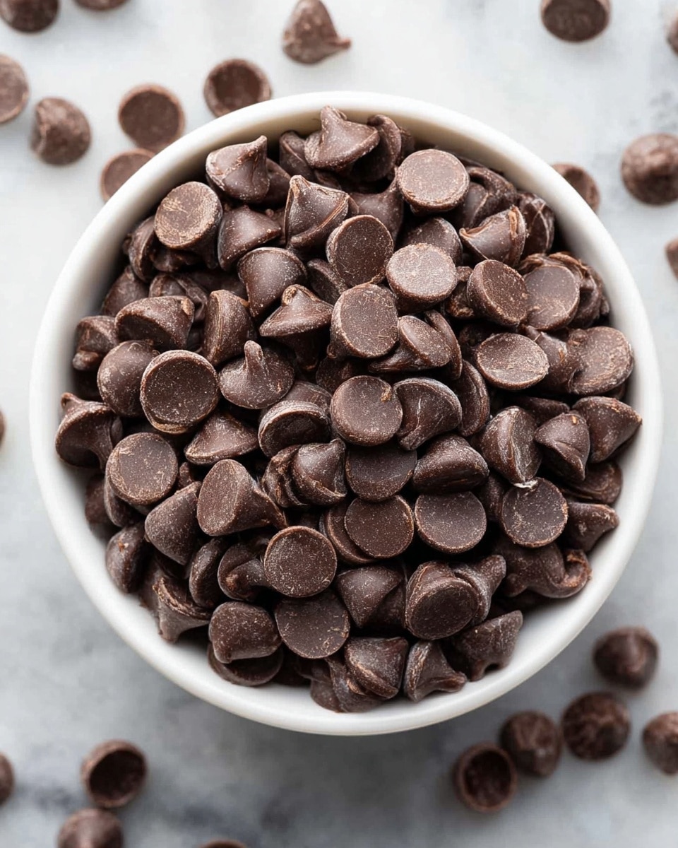 A close-up top view of a white bowl filled with shiny dark brown chocolate chips, each chip having a smooth, slightly pointed top and a flat base, filling the bowl fully and slightly piled above the edge. A few chocolate chips are scattered around the bowl on a white marbled surface, adding to the scene's detail. photo taken with an iphone --ar 4:5 --v 7
