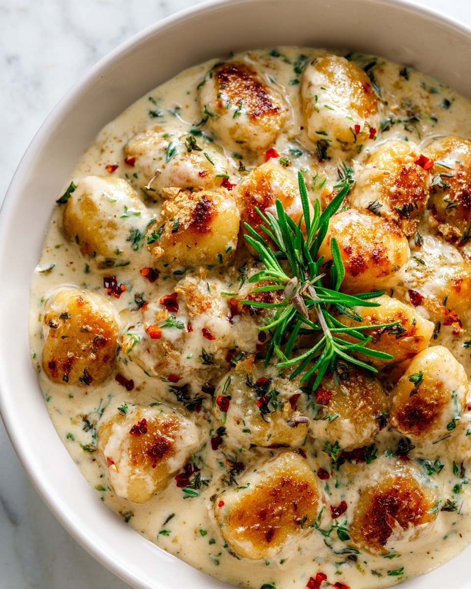The image shows a white bowl filled with golden-brown gnocchi pieces, each slightly crispy on the outside, sitting in a creamy white sauce speckled with green herbs. The sauce covers the gnocchi evenly and has bits of red chili flakes scattered on top. A small sprig of fresh green rosemary rests in the center, adding a bright contrast to the pale colors of the dish. The bowl is set on a white marbled surface with soft natural light highlighting the textures and colors. photo taken with an iphone --ar 4:5 --v 7