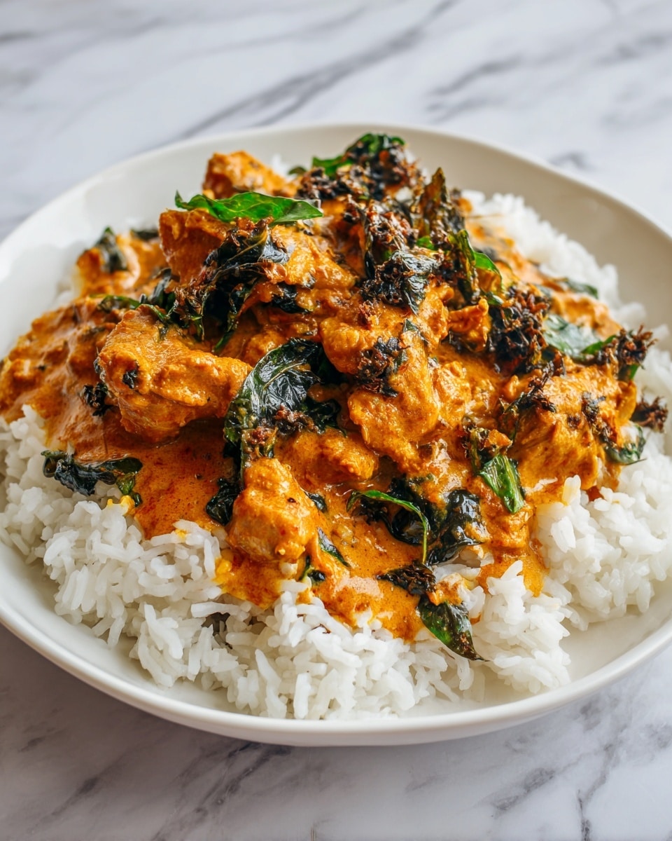 The dish shows a close-up of a white plate filled with a bed of plain white rice as the bottom layer. On top of the rice is a thick layer of creamy orange curry sauce with chunks of tender chicken. The curry is mixed with dark green shredded basil leaves scattered all over, adding texture and color contrast. The sauce looks smooth and rich, coating the chicken pieces well. The whole dish sits on a white marbled surface. Photo taken with an iphone --ar 4:5 --v 7