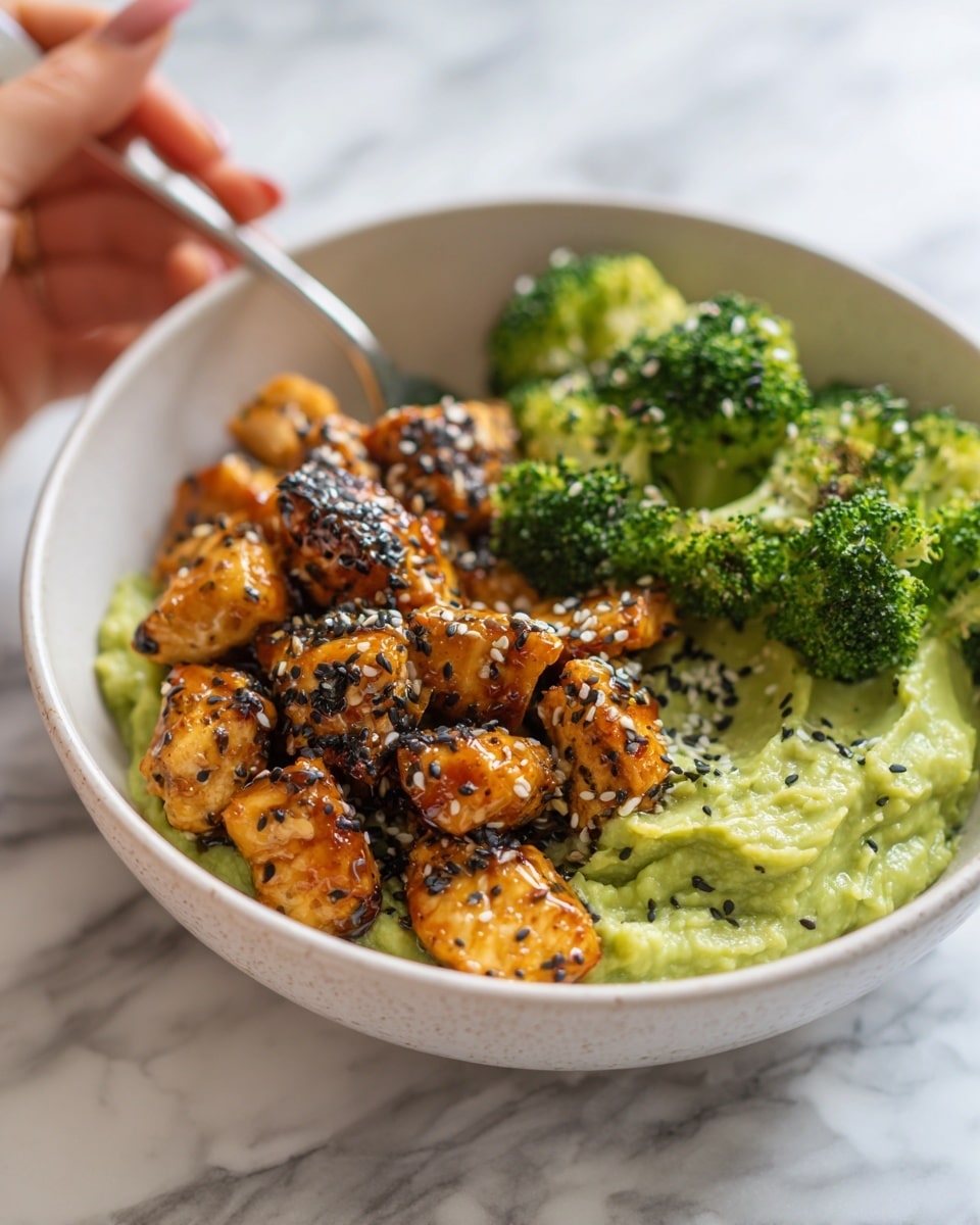 The image shows a close-up of a white bowl filled with three main layers: at the bottom, there is a base of creamy pale green mashed avocado; on top of that, there is a layer of glossy, golden-brown glazed chunks of grilled chicken, tossed with black and white sesame seeds, creating a slightly sticky texture; on the side, bright green steamed broccoli crowns add a fresh contrast; the bowl sits on a white marbled surface, and a woman's hand is holding a spoon ready to scoop the food. Photo taken with an iphone --ar 4:5 --v 7