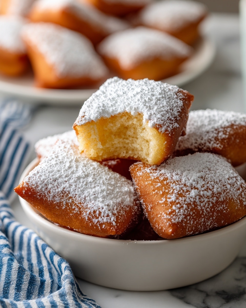 A white bowl filled with square-shaped beignets stacked on top of each other, each one covered with a thick layer of white powdered sugar dusted evenly over their golden-brown, slightly crispy surface. One beignet at the top is broken open, showing a soft, fluffy, and light yellow inside. The bowl is placed on a white marbled surface with a blurred background featuring a white plate filled with more beignets and a striped blue and white cloth partly visible on the left side. Photo taken with an iphone --ar 4:5 --v 7