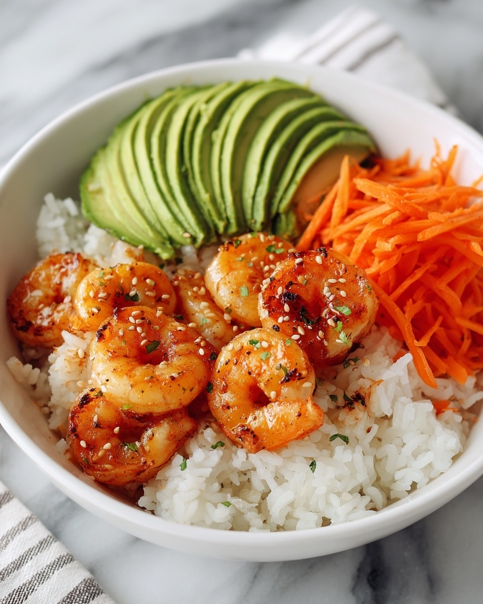 The image shows a bowl filled with white rice as the base layer. On top of the rice, there are six pieces of grilled shrimp, glazed with a light sauce giving them a shiny, slightly orange color. To the left side of the shrimp, there are slices of green avocado arranged in a fan shape. On the right side, there is a small pile of bright orange shredded carrots, adding a rough texture. The bowl is white, placed on a white marbled surface. The photo shows a close-up view capturing the details and colors clearly. photo taken with an iphone --ar 4:5 --v 7