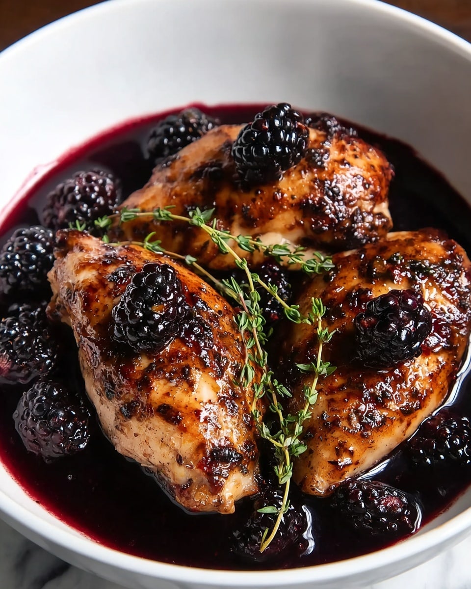 The image shows a white bowl filled with three pieces of grilled chicken thighs, each having a golden-brown, slightly charred glossy surface with hints of marinade. The chicken sits in a dark purple sauce that covers the bottom of the bowl. On top of each piece of chicken, there is a shiny black blackberry, with more blackberries scattered around the sauce. Small green sprigs of fresh thyme are placed in the bowl, adding texture and color contrast. The bowl rests on a white marbled surface. Photo taken with an iphone --ar 4:5 --v 7
