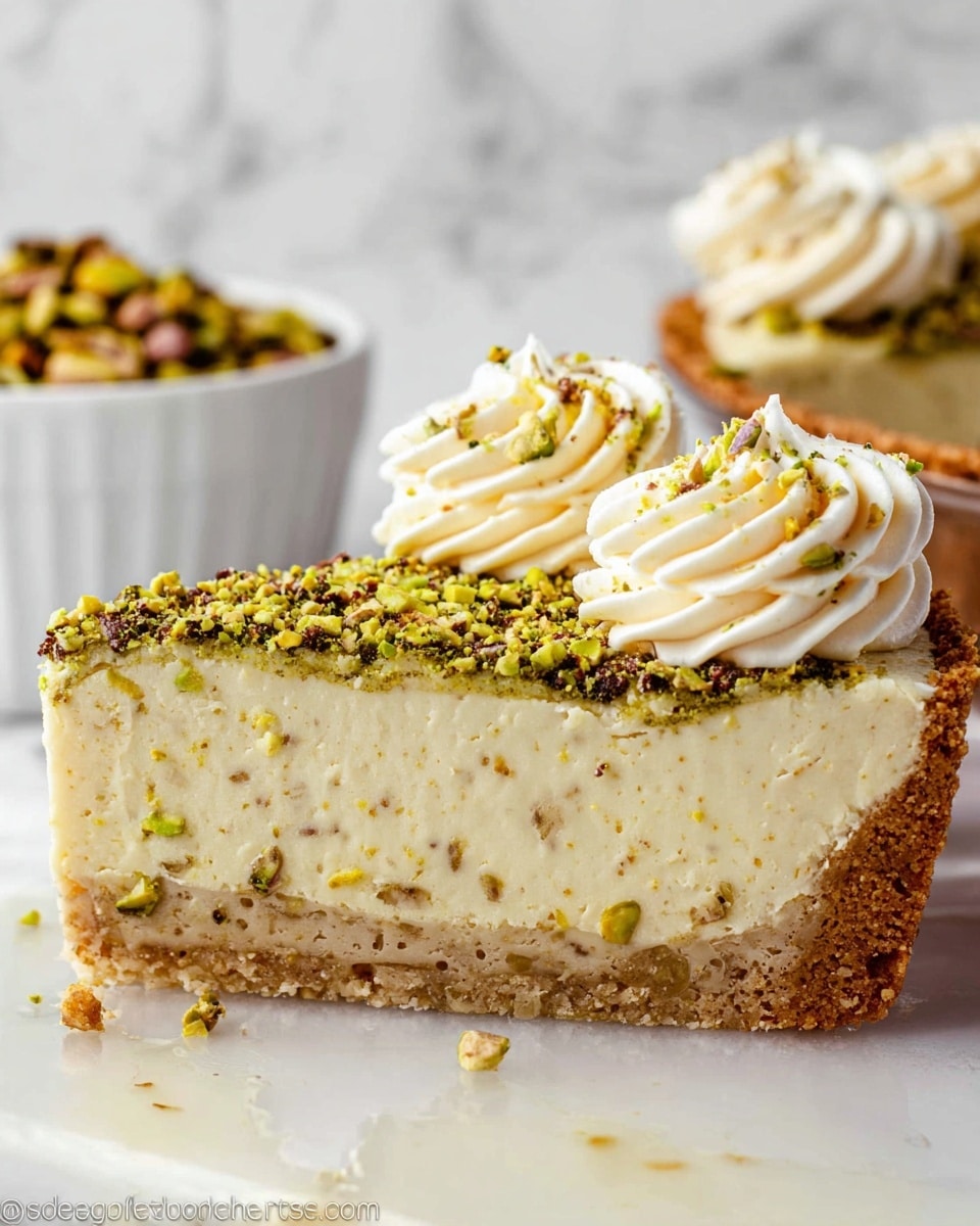 The image shows a pie in a white pie dish placed on a white marbled surface. The pie has three main layers: the outer layer is a golden-brown, rough-textured crust with uneven edges, the middle layer is a smooth filling covered with a thick, even layer of finely crushed pistachios giving it a greenish-yellow color, and the top layer consists of large, white swirls of whipped cream arranged neatly in a circle near the edge of the pie, each swirl sprinkled lightly with crushed pistachios. A wooden rolling pin and a small bowl of crushed pistachios are blurred in the background. Photo taken with an iphone --ar 4:5 --v 7