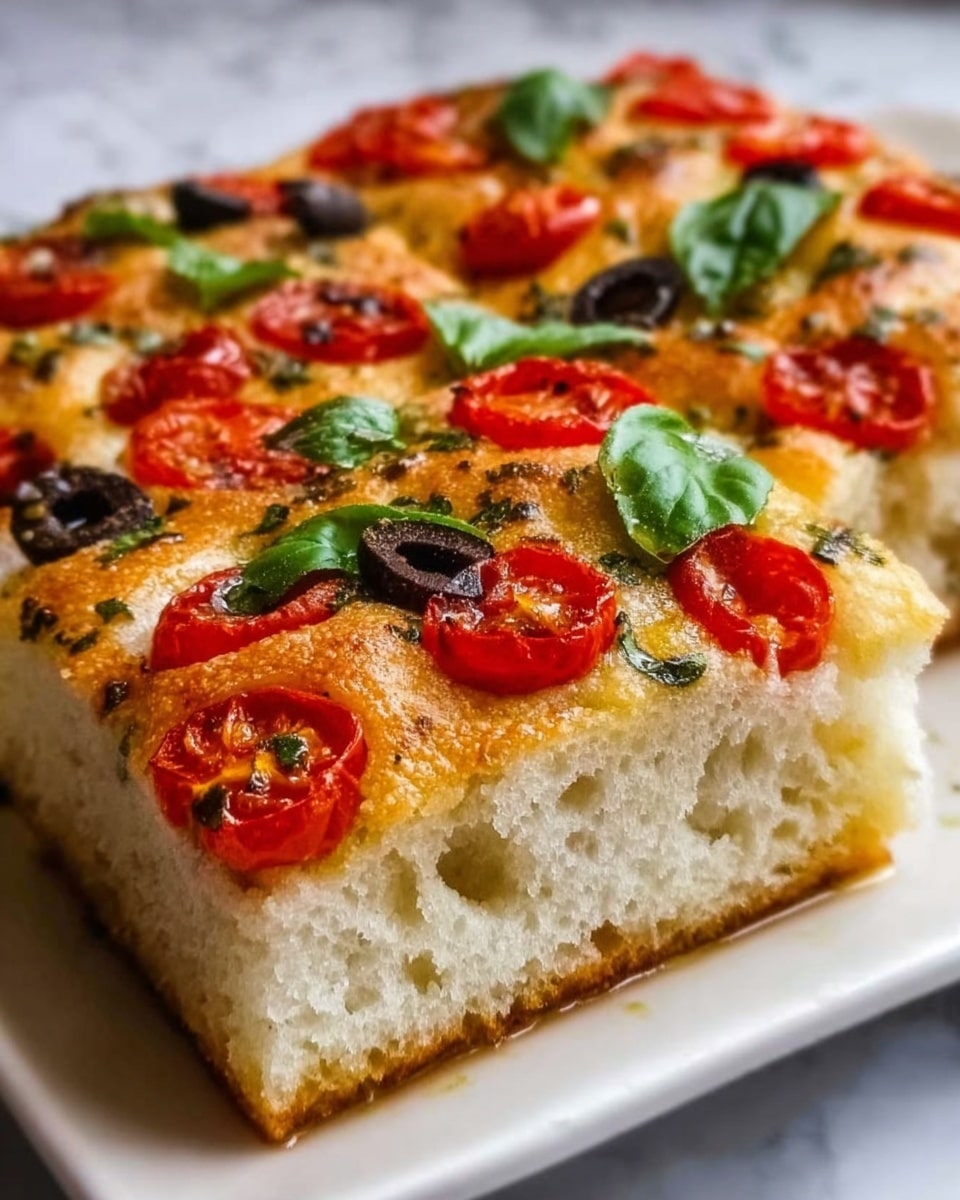 A close-up view of a square piece of focaccia bread on a white plate, with a thick, fluffy texture visible from the side showing its airy holes and light golden crust. The top layer is covered with halved cherry tomatoes, fresh green basil leaves, and thin slices of black olives, all scattered evenly. The surface has a slight shine from olive oil, and the bread looks soft but slightly crispy on the edges. Photo taken with an iphone --ar 4:5 --v 7