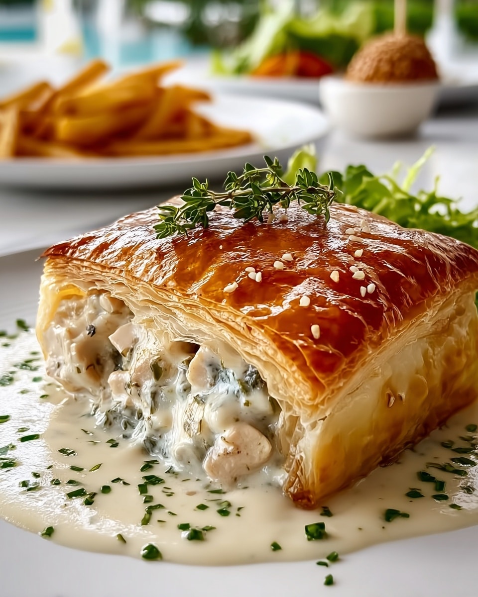 The image shows a single serving of golden brown puff pastry with a shiny, crispy top layer decorated with green herbs. Inside, there are two distinct layers: a chunky white chicken layer at the bottom and a creamy white sauce with green herbs dripping from the open edge. On top of the pastry lies a small sprig of fresh thyme. The pastry sits on a white plate, and in the blurred background, there are fries in another white dish and a small white bowl of sauce, all placed on a white marbled surface. photo taken with an iphone --ar 4:5 --v 7