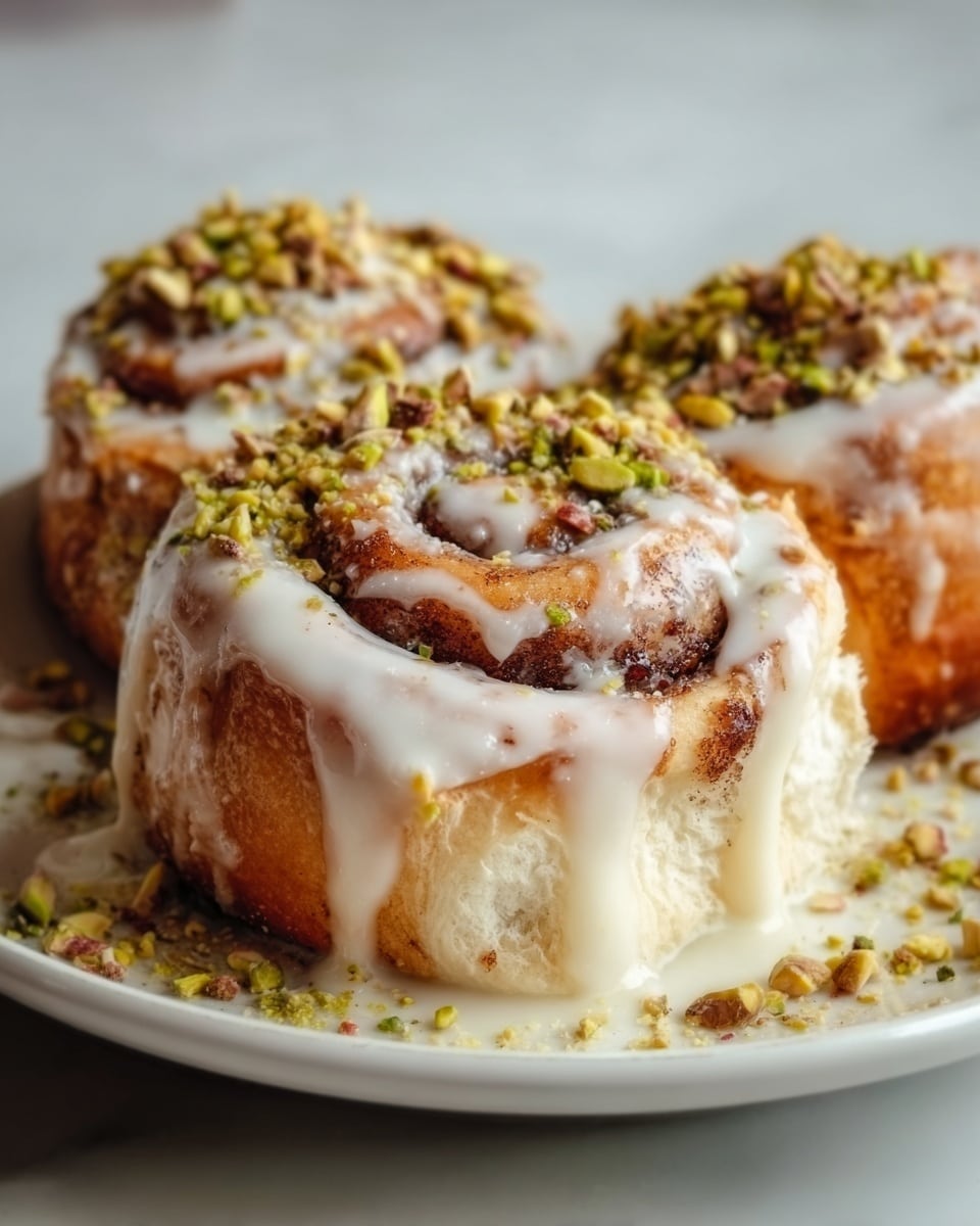 The image shows three cinnamon rolls on a white plate, each topped with white icing that drips down the sides. The rolls are golden brown with a soft, fluffy texture and are sprinkled with chopped green pistachios on top and around the plate. The plate sits on a white marbled surface, giving a clean and bright background. The scene looks cozy and inviting, with the rolls arranged closely together. Photo taken with an iphone --ar 4:5 --v 7