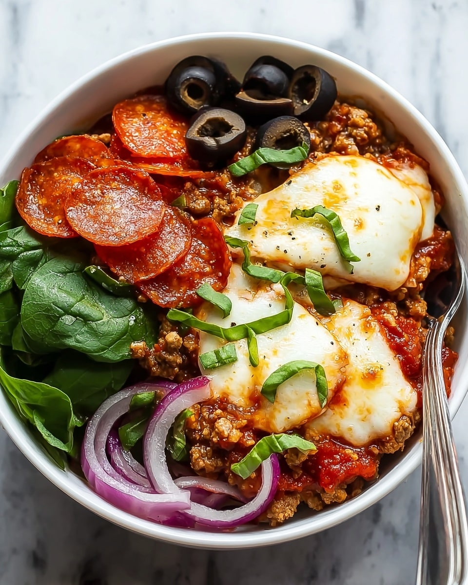 The image shows a bowl with several layers of food. At the bottom, there is a layer of fresh green spinach leaves. On top of this is a layer of browned ground meat mixed with small pieces of onions and mushrooms. Above this, there are several slices of round, red pepperoni placed across one side of the bowl. Two large, melted white cheese slices sit on top, with some orange-brown spots from baking. Around the cheese and pepperoni, there are bits of chunky red tomato sauce. Thin slices of purple onion and green basil leaves are sprinkled on top, adding color. A silver fork rests inside the bowl on the right side. The bowl is white and placed on a white marbled texture surface. Photo taken with an iphone --ar 4:5 --v 7