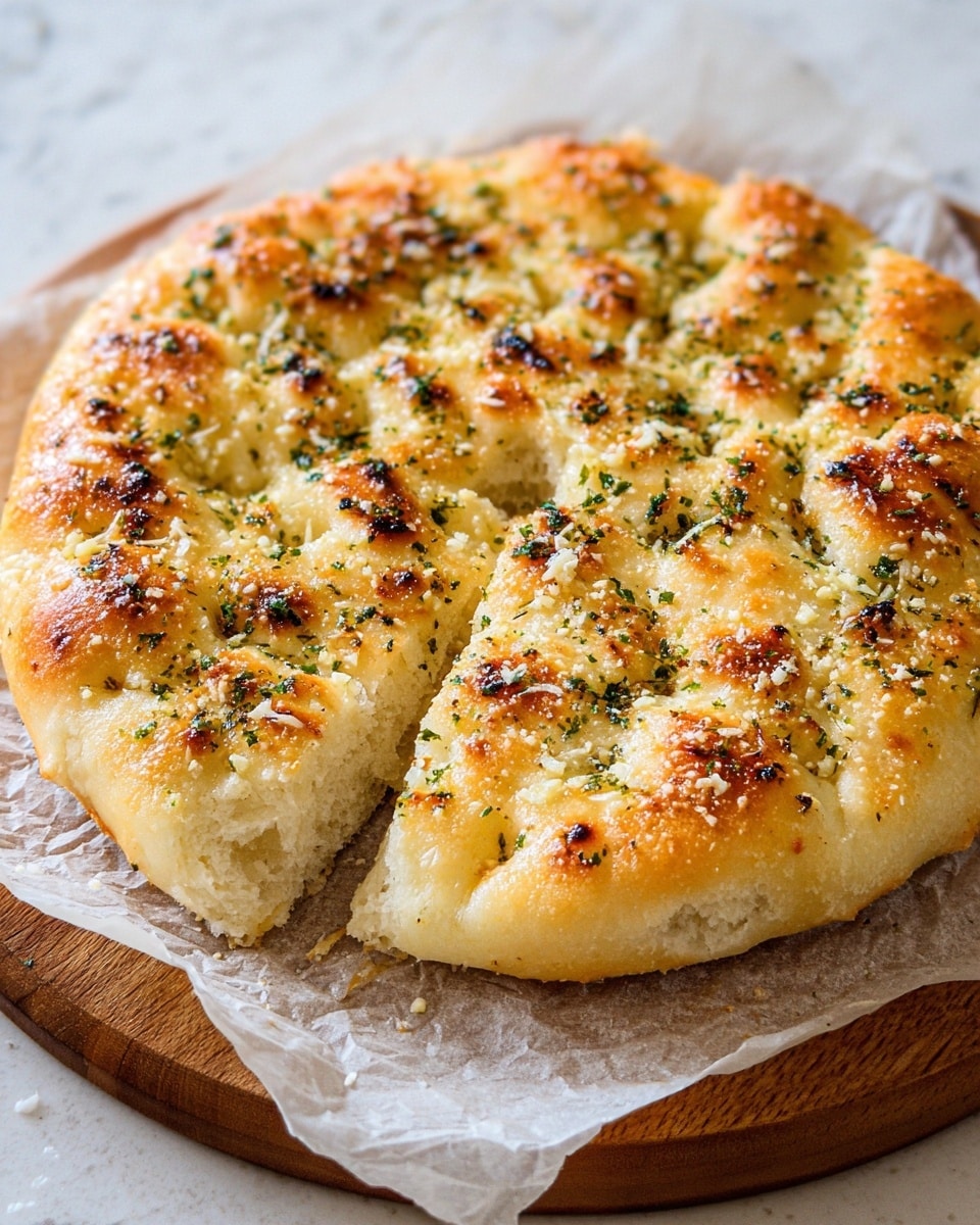 A round focaccia bread sits on slightly crumpled parchment paper placed over a wooden board, with the bread showing a soft, golden top layer that is slightly crispy and dimpled. The top layer is speckled with finely chopped green herbs and bits of golden toasted garlic, along with small white grains that look like coarse salt or cheese. The edges are slightly browned, showing a fluffy, thick dough underneath with a light airy texture visible between the dimples. One slice is cut, creating an opening to see the inner soft, white bread. The surface beneath the board is a white marbled texture. Photo taken with an iphone --ar 4:5 --v 7