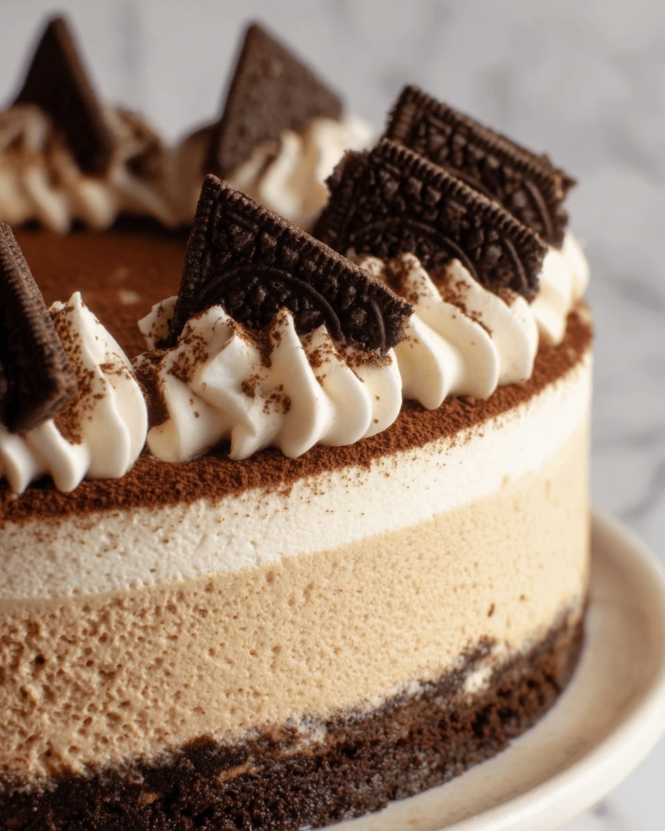 A creamy cake with three visible layers: the bottom layer is a light beige sponge, the middle layer is a thick, smooth cream with a light brown tint, and the top layer is a thin dusting of dark cocoa powder. On top, there are evenly spaced swirls of white cream, each decorated with a triangle piece of chocolate cookie that is dark brown with a textured pattern. The cake is placed on a white plate, all set against a white marbled background. Photo taken with an iphone --ar 4:5 --v 7