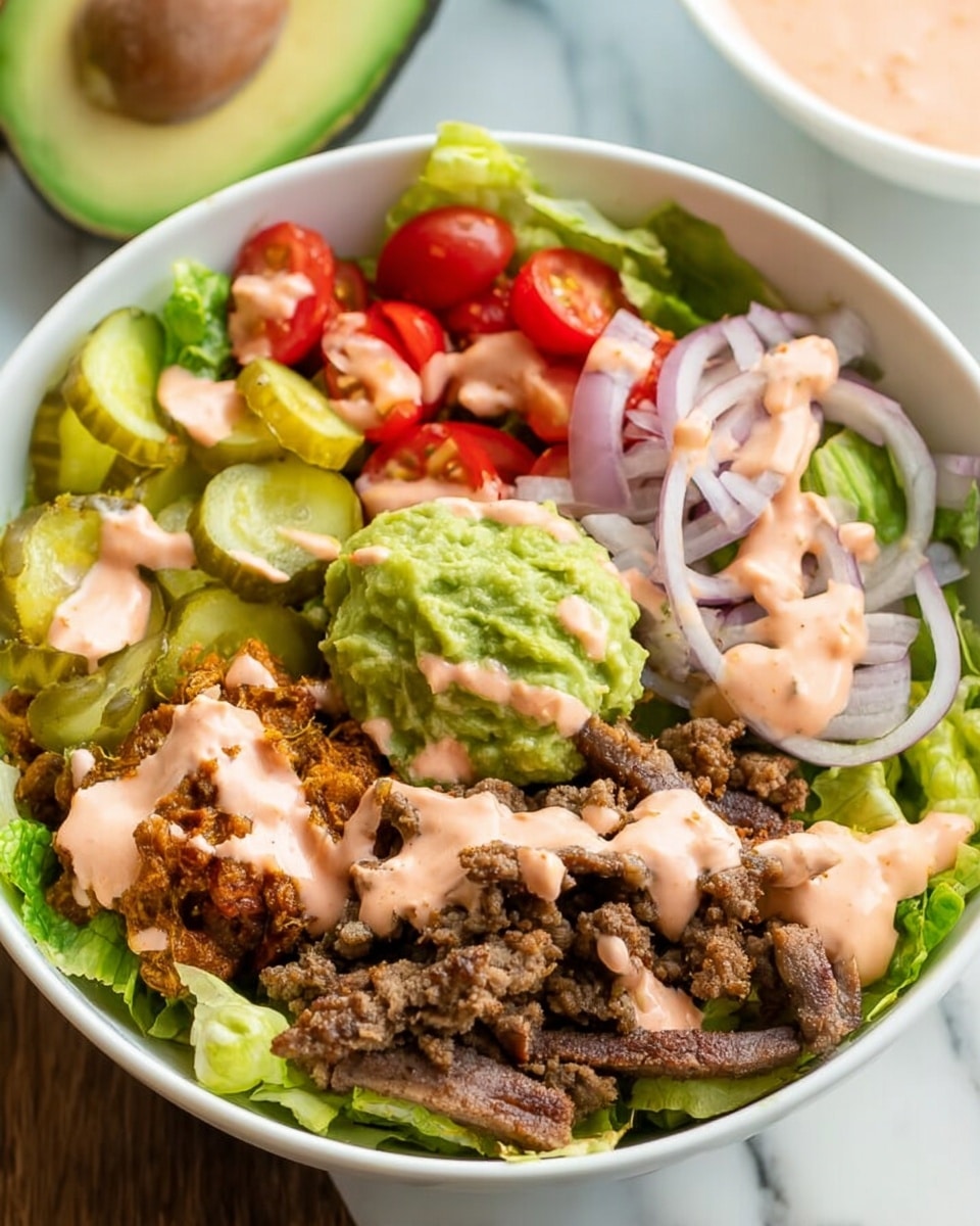 The image shows a white bowl filled with several layers of food starting with green lettuce at the bottom. On top of the lettuce, there are small red cherry tomato halves scattered around the bowl. To one side, there is a generous scoop of chunky green guacamole. Ground beef is placed in the center with a creamy pink sauce drizzled over it. On another side, there are several pale green pickle slices also topped with the pink sauce. Next to the pickles, there are browned, cooked strips of seasoned meat with more sauce on top. Thin slices of light purple onions are mixed in around the meat and lettuce. The bowl sits on a white marbled surface with half an avocado visible in the background. Photo taken with an iphone --ar 4:5 --v 7