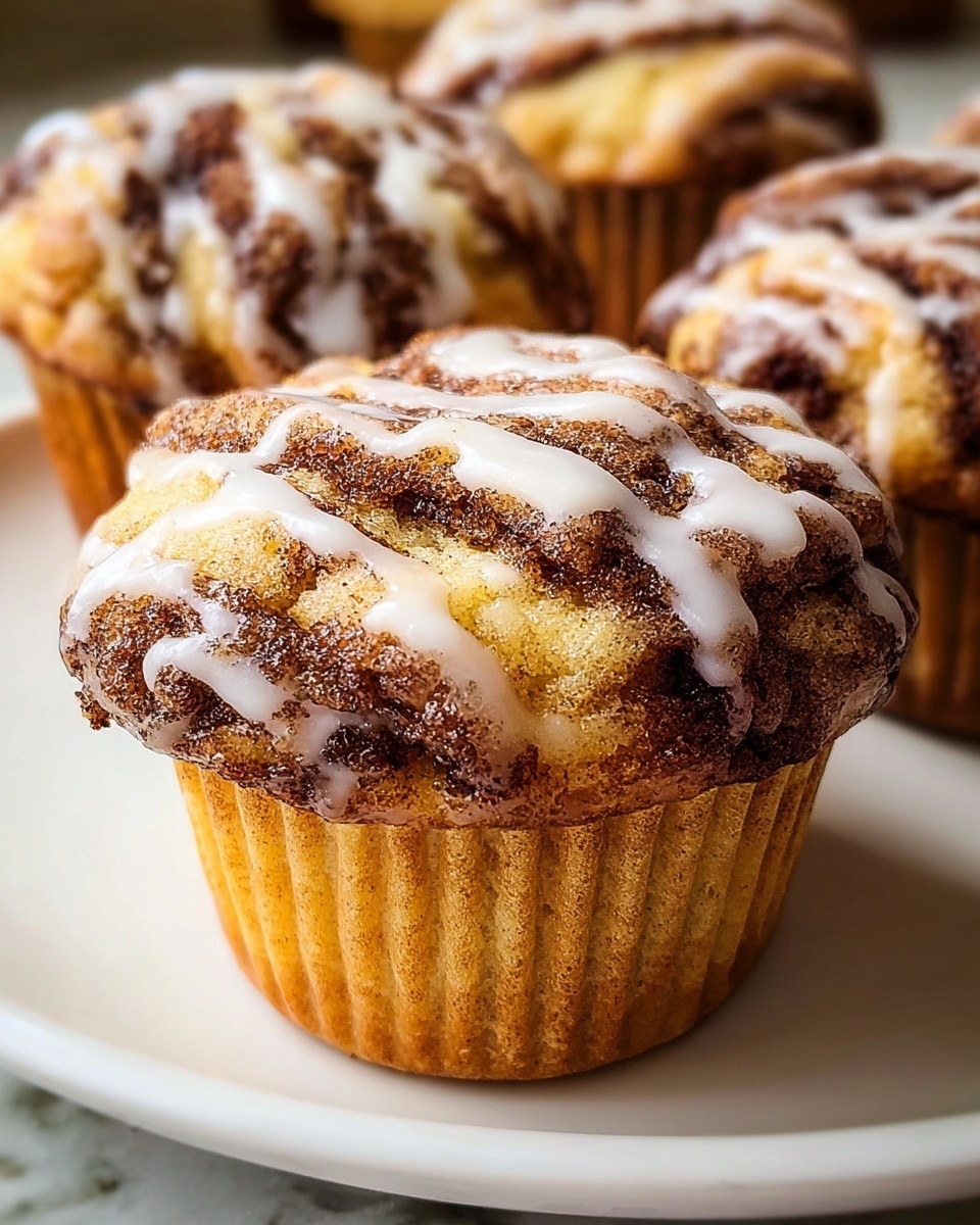 A close-up of a cinnamon muffin with three main visible layers: a golden-brown bottom muffin base with a smooth texture, a middle layer of dark brown cinnamon swirls mixed into the muffin, and a top layer of white glaze drizzled unevenly over the cinnamon swirls. The muffin has a slightly rough, bumpy top with the glaze glistening under light, placed on a white plate with other similar muffins blurred in the background on a white marbled texture. photo taken with an iphone --ar 4:5 --v 7