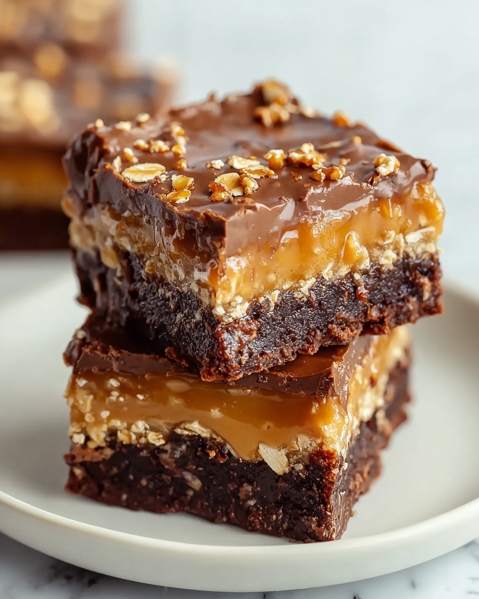 Two stacked square-shaped dessert bars sit on a white plate with a white marbled surface underneath. Each bar has three layers: the bottom layer is thick and dark brown with a fudgy, moist texture, the middle layer is a golden caramel mixed with crunchy oat flakes, and the top layer is smooth milk chocolate with a glossy finish and scattered oat flakes. The caramel layer slightly oozes between the layers, adding a rich, sticky look. The image captures the details sharply, showing the contrast between the dark base and the lighter caramel and chocolate topping. Photo taken with an iphone --ar 4:5 --v 7