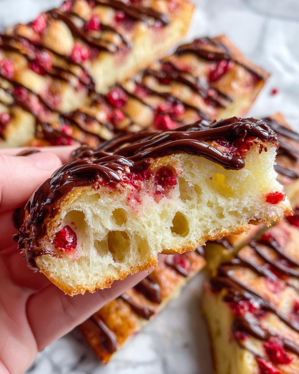 A close-up of a light, fluffy pastry piece with airy holes and a thin, golden crust held by a woman's hand, the top layer covered in a shiny dark chocolate drizzle that is thick and slightly uneven, with red bits of fruit embedded underneath the chocolate. In the background, more rectangular pastry slices are visible, each topped with the same chocolate drizzle and scattered red fruit pieces, all placed on a white marbled surface. The dough has a soft, spongy texture with a slight glaze near the edges. Photo taken with an iphone --ar 4:5 --v 7