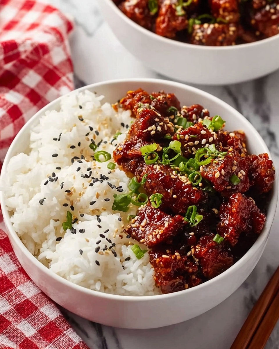 The image shows a white bowl filled with two layers: the bottom layer is steamed white rice with a soft and fluffy texture, topped with scattered black and white sesame seeds and small green onion pieces for color. The second layer beside the rice features chunks of glazed, dark reddish-brown cooked meat in a thick sauce, garnished with more sesame seeds and finely chopped green onions. The bowl is placed on a white marbled surface next to a red and white checkered cloth, with another white bowl partially visible in the background, also holding a similar dish. Photo taken with an iphone --ar 4:5 --v 7