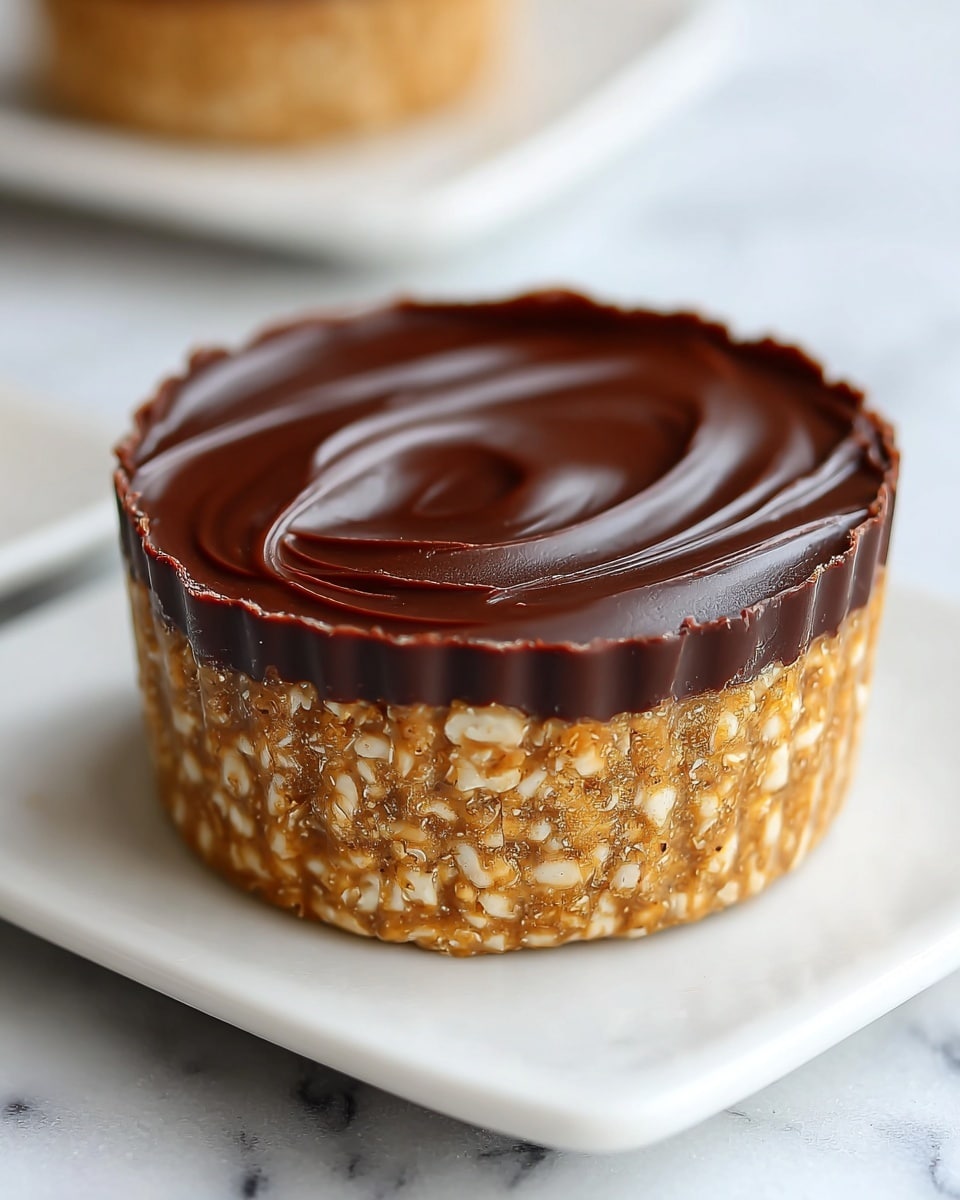 The image shows a close-up of a small dessert cup with two distinct layers. The bottom layer is thick and textured, light brown with small visible pieces giving it a nutty or cereal look, forming the base that reaches about two-thirds of the cup's height. On top is a smooth, glossy, dark chocolate layer covering the entire surface with a slight swirled pattern and a few tiny cracks along the edge. The dessert is placed on a white square plate with rounded edges, set against a white marbled textured surface. Photo taken with an iphone --ar 4:5 --v 7