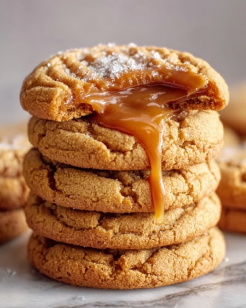A stack of soft, thick peanut butter cookies is shown, with six cookies layered on top of each other. The cookies are golden brown with a slightly cracked surface and a rough, crumbly texture. The top cookie has melted caramel dripping over its edge, adding a shiny, smooth layer that contrasts with the roughness of the cookies. The stack sits on a white marbled surface, and the lighting highlights the warm colors and textures of the cookies and caramel. Photo taken with an iphone --ar 4:5 --v 7