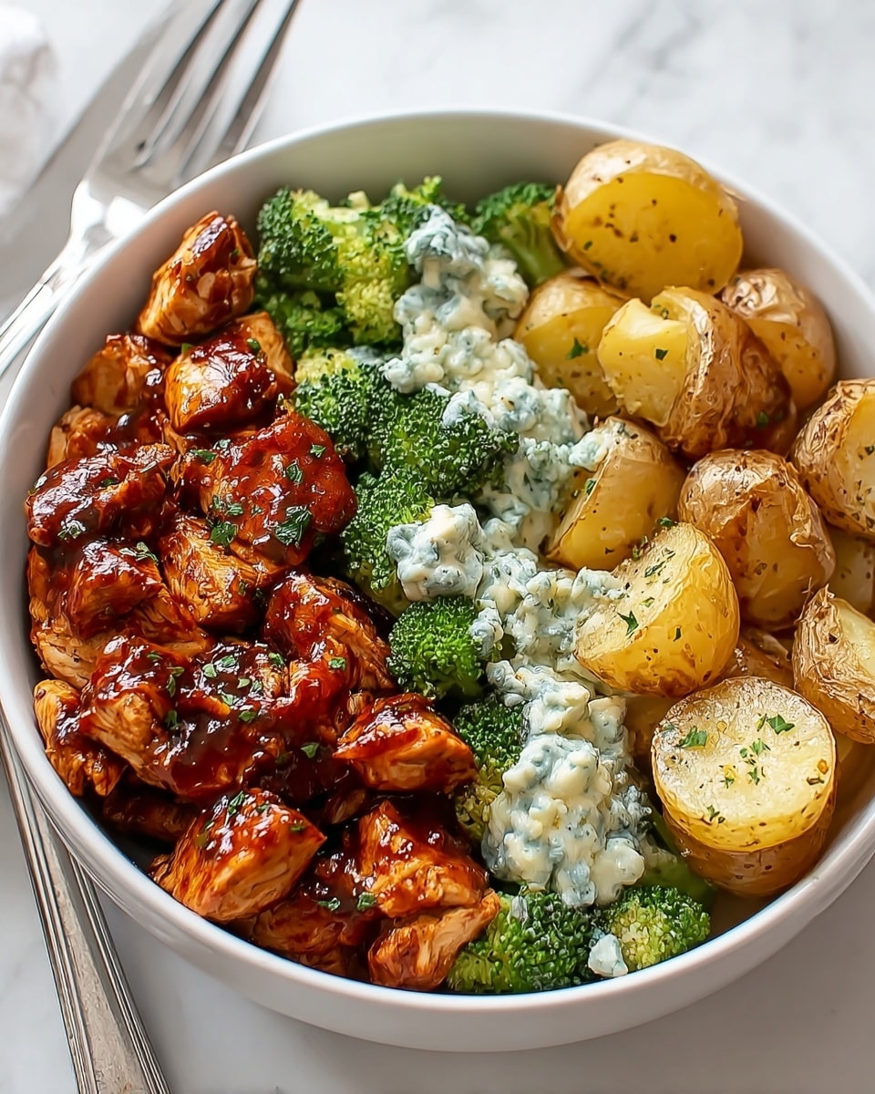 The white bowl is filled with three main layers arranged side by side: on the left, there are chunks of grilled chicken coated in a shiny, dark reddish sauce with green herb sprinkles; in the middle, bright green broccoli florets topped with a creamy, light blue cheese sauce; on the right, halved golden roasted baby potatoes with crispy brown edges covered lightly by spots of the same cheese sauce. The scene is set on a white marbled surface with a silver fork and knife on the left side of the bowl. photo taken with an iphone --ar 4:5 --v 7
