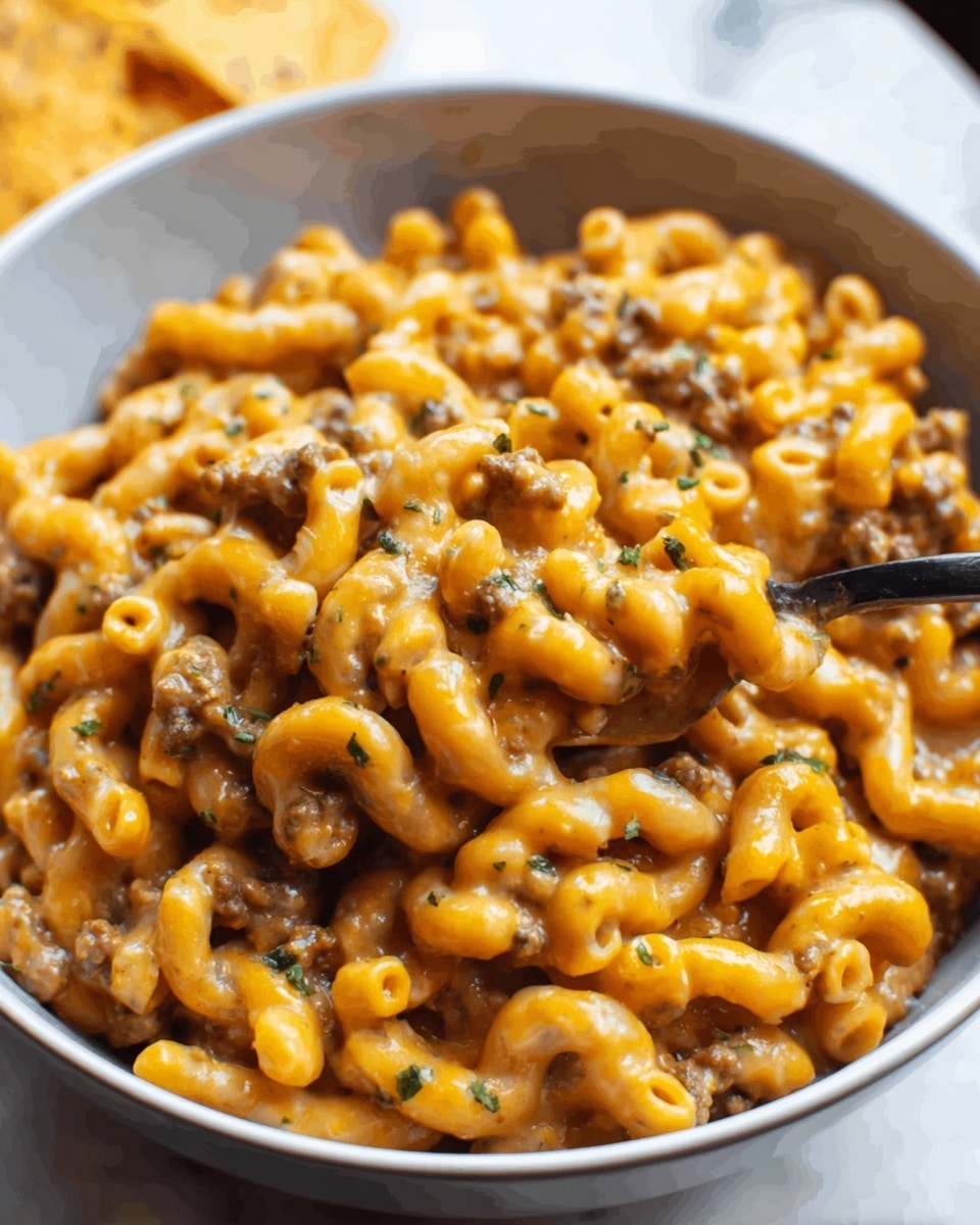 A close-up of a white bowl filled with creamy macaroni pasta mixed with ground meat and small bits of green herbs, all coated in a rich, warm brown sauce. The pasta is ridged and slightly curved, evenly covered by the thick sauce that looks smooth and glossy. A black spoon is sticking inside the bowl, ready to scoop the hearty dish. The bowl sits on a white marbled surface with a blurred background showing hints of flatbread or similar baked food. Photo taken with an iphone --ar 4:5 --v 7