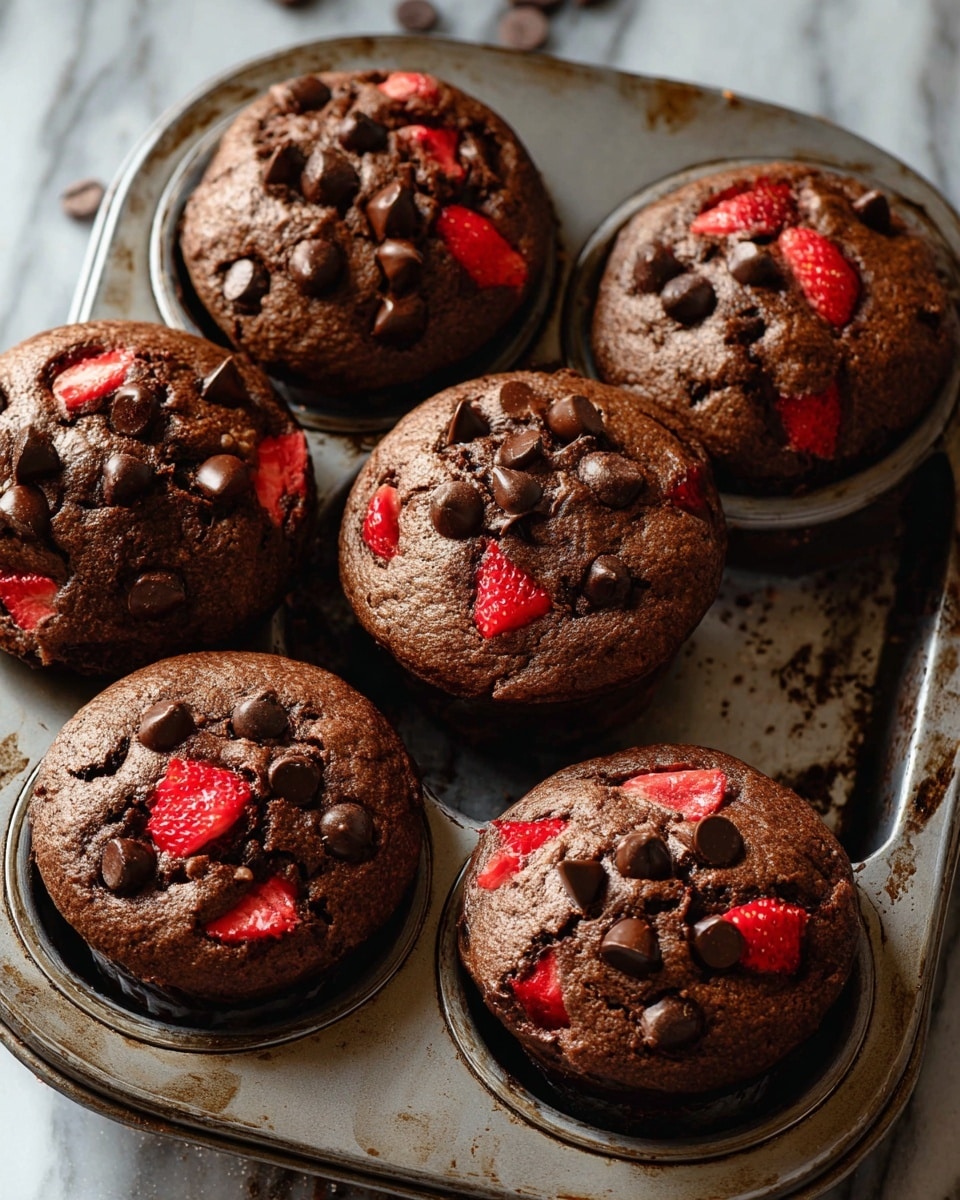 The image shows a close-up of six chocolate muffins with visible chocolate chips and bright red strawberry pieces mixed into the soft, brown muffins. Each muffin is thick and puffy with a slightly rough top texture, sitting inside a metal muffin tray. The muffins are deep brown with darker chocolate spots and vibrant red strawberry bits scattered on their tops and throughout. The background is a white marbled surface with crumbs scattered around. photo taken with an iphone --ar 4:5 --v 7