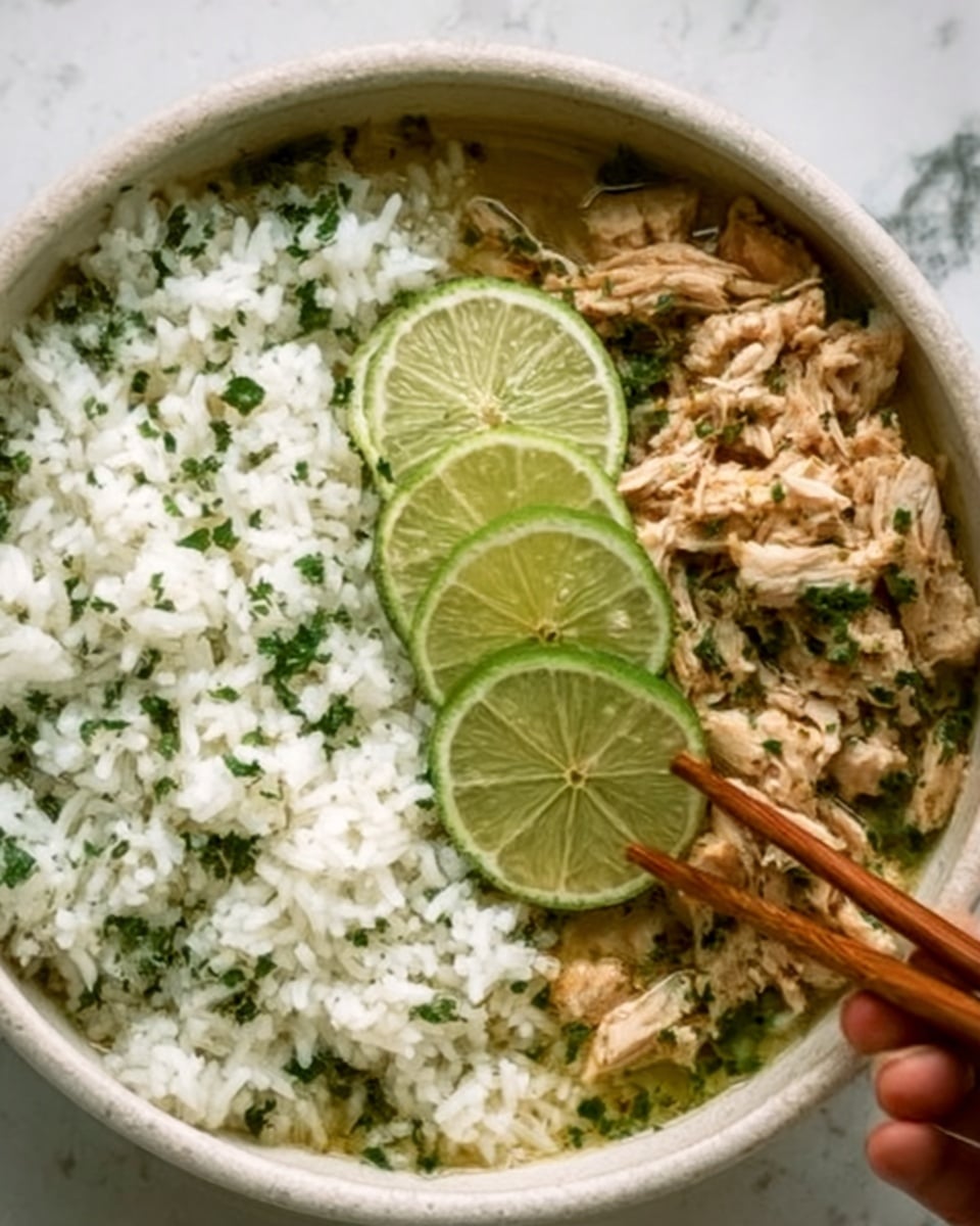 A white bowl is filled with two main layers: on one side, a bed of white rice mixed with small green herbs, showing a soft and fluffy texture, and on the other side, pieces of cooked chicken with a golden-brown color, covered in a light sauce. Three thin lime slices rest on top near the chicken, adding a fresh green touch. A woman's hand holding wooden chopsticks is picking some rice from the bowl. The bowl is placed on a white marbled surface. photo taken with an iphone --ar 4:5 --v 7