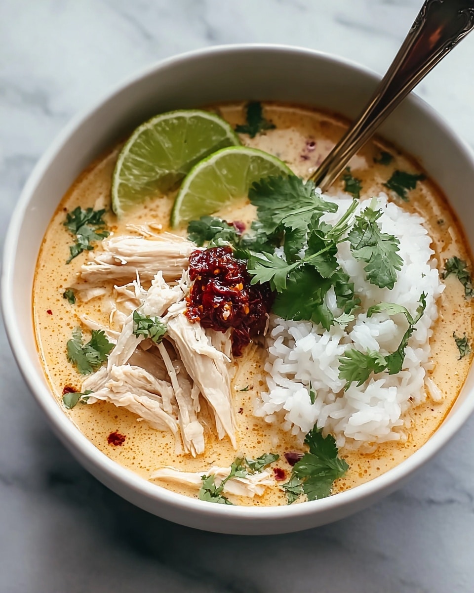 A white bowl filled with creamy orange soup with visible oil droplets, layered with shredded white chicken breast pieces arranged on one side, a cluster of white rice on another side, fresh green cilantro leaves scattered on top, and two lime wedges placed near the edge. A wooden spoon is partially submerged in the soup, leaning against the bowl’s rim. The background is a white marbled texture. Photo taken with an iphone --ar 4:5 --v 7