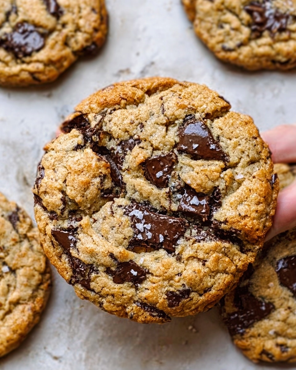 A close-up image shows a large chocolate chip cookie held in a woman's hand. The cookie is thick and round with a cracked top layer showing a golden brown, slightly burnt color along the edges. The surface is uneven with melted dark chocolate chunks and shiny caramelized spots scattered across the cookie, giving a gooey texture. Some coarse salt sprinkles are visible on top, enhancing its rich, homemade look. The background has a white marbled texture with a dark baking tray partially in view. photo taken with an iphone --ar 4:5 --v 7