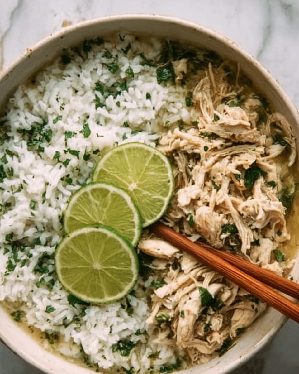 The image shows a white bowl filled with two layers of food. On one side, there is steamed white rice mixed with green herbs, making it look fluffy and fresh. On the other side, there is cooked shredded chicken mixed with small pieces of green vegetables. Three thin lime slices rest on top near the chicken, adding a bright green contrast. Two wooden chopsticks held by a woman's hand are poised above the rice. The bowl is placed on a white marbled surface. Photo taken with an iphone --ar 4:5 --v 7