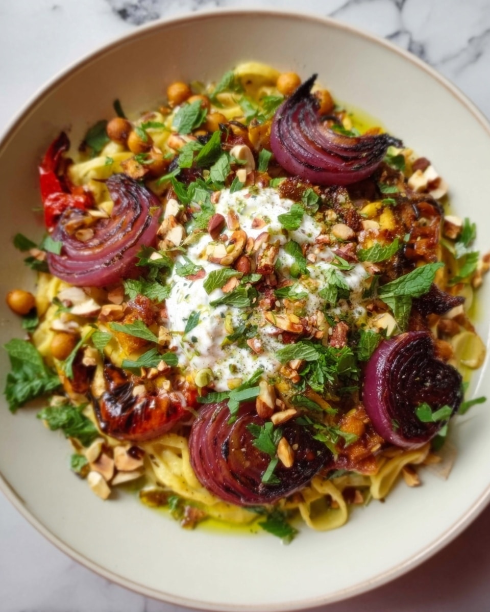 The dish is a colorful plate of food arranged with multiple layers on a white plate. At the bottom, there is a layer of cooked yellow pasta or noodles spread evenly. On top, there are roasted red onions with a slightly charred texture, placed in a circular pattern. Scattered over the dish are small pieces of roasted vegetables and toasted nuts, adding a crunchy texture with light brown and golden colors. Bright green herbs are sprinkled over everything, giving a fresh look. A dollop of white creamy sauce is in the center, garnished with more herbs and nuts. The photo is taken on a white marbled surface. photo taken with an iphone --ar 4:5 --v 7